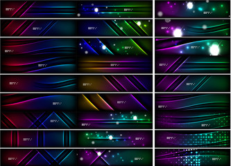 Glowing shapes on dark background. Vector set of black headers with light effects