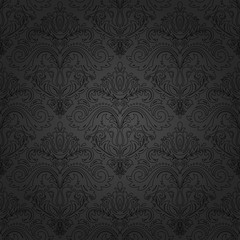 Damask seamless dark ornament with black outlines. Traditional vector pattern. Classic oriental background