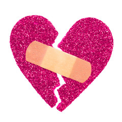 Broken Heart. Glitter ripped heart fixed with adhesive bandage 