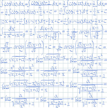 Hand drawn mathematical vector seamless pattern with trigonometrical formulas and integrals.