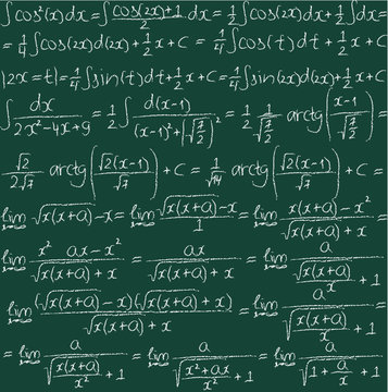 Hand drawn mathematical vector seamless pattern with trigonometrical formulas and integrals. Chalk on a blackboard.