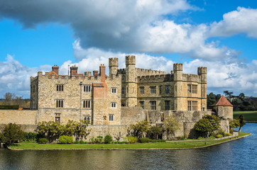 Maidstone, United Kingdom - April 27, 2012: Main building of Leeds Castle with surrounding moat as...