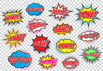 Comic speech bubbles set, comic wording sound effect set design for comic background, comic strip - obrazy, fototapety, plakaty