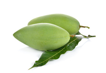 raw green mango with leaf on white background