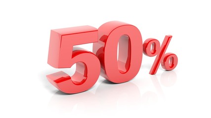 Red 50 percent number, isolated on white background.
