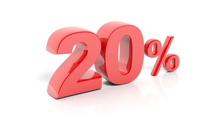 Red 20 percent number, isolated on white background.