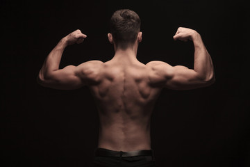 rear view of topless muscular man posing in studio