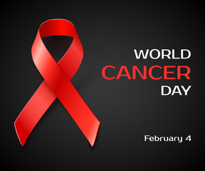 Awareness World Cancer Day concept , black background with red ribbon, vector illustration