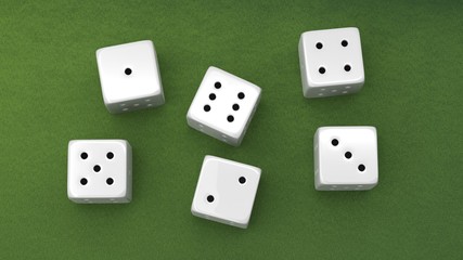 Six white dices with one to six numbers, isolated on green background