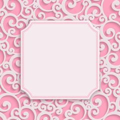 Vector Pink 3d Curl Valentines Day Greeting or Wedding Invitation Card with Damask Floral Swirl Pattern 