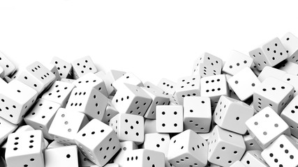 Pile of white random dices with copy-space, isolated on white background