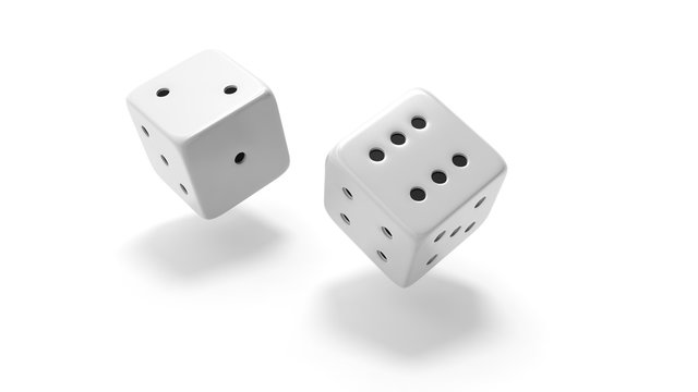 Two white dices rolling two and six, isolated on white background