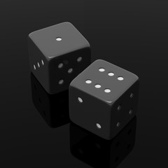 Two black dices one and six, isolated on black background