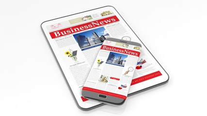 Tablet and smartphone with Business News website on screen,isolated on white background.