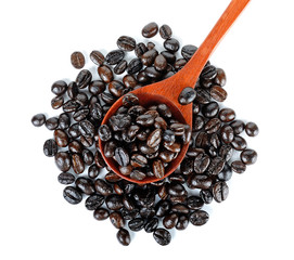 Coffee bean with wooden spoon isolated on white background