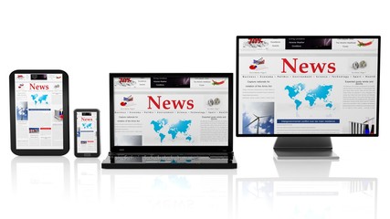 Tablet, smartphone, laptop and monitor with News website on screen,isolated on white.