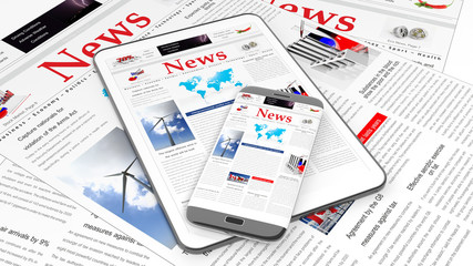 Tablet and smartphone with News website on screen, with newspapers underneath.