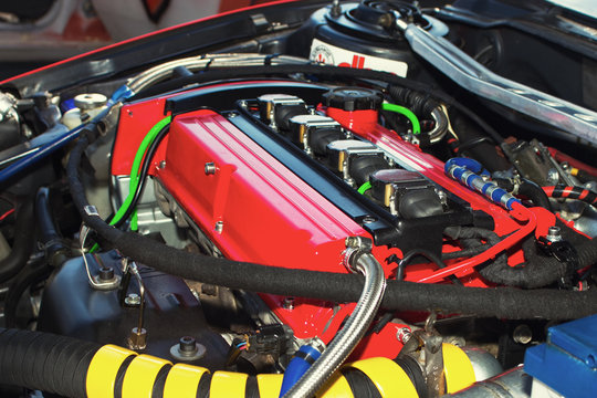 Closeup photo of a clean motor block in sport car