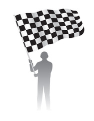 Man holding Waving Flag with checkered Black & White racing Pattern, motor sport element, Vector Illustration