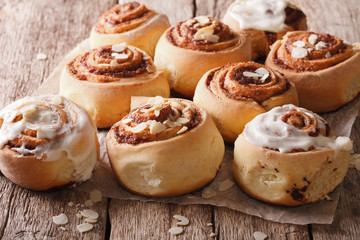 Delicious Cinnabon with almond close up. Horizontal
