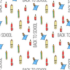 Freehand drawing school items on the blackboard. Back to School. Vector illustration. Set