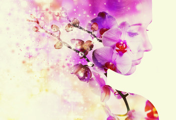 Double exposure portrait of young woman with orchid.