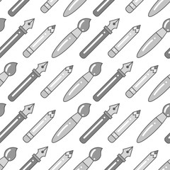 Vector seamless grayscale pattern with pens, brushes and pencils