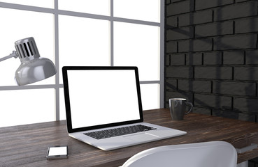 Fototapeta na wymiar 3D illustration laptop and work stuff on table near brick wall, Workspace