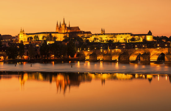 View of the Cathedral of St. Vitus in the evening, Hradcany (Prague).