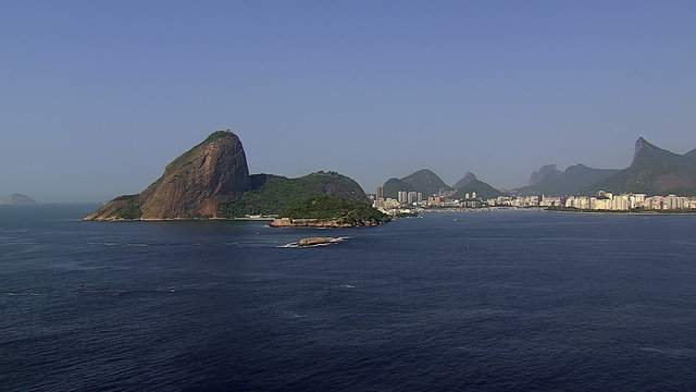 Aerial zoom in view of Sugarloaf Mountain and Old Fortress, Rio de Janeiro, Brazil