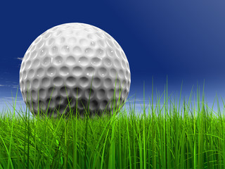 White golf ball in grass and sky