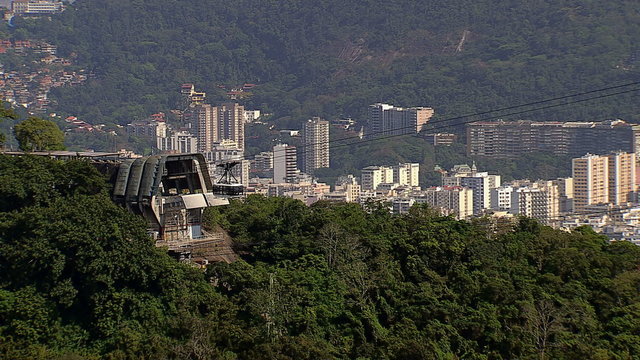 Zoom out shot of Sugarloaf Mountain cable car arriving to the station, Brazil