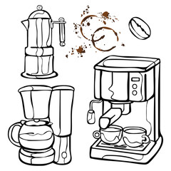 Coffee machine. Coffee pot and coffee cup. Coffee stains. Coffee splashes. Coffee bean. Isolated object on white background.