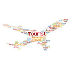 Fototapeta na wymiar Conceptual plane silhouette travel tourism text word cloud isolated on background