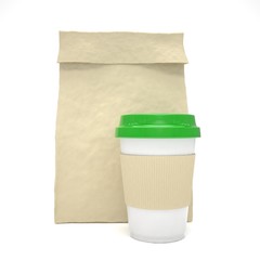 Coffee to go and lunch bag, on white.