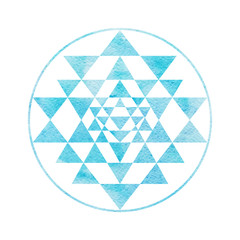 Sacred geometry and alchemy symbol Sri Yantra, formed by nine interlocking triangles that surround and radiate out from the central point. Blue Watercolor texture used. Hand painted effect.