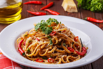 Homemade linguine pasta in arrabbiata sauce.