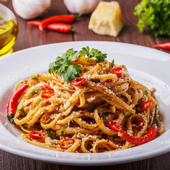 Homemade linguine pasta in arrabbiata sauce.