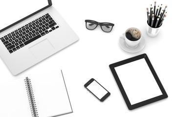 laptop and office stuff, workplace, top view