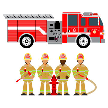 fire truck and fireman, fire brigade, team, attributes, sets fire brigade, rescue, vector graphics, wear yellow 1. EPS 8.