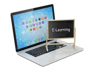  Laptop with chalkboard, e-learning, online education concept