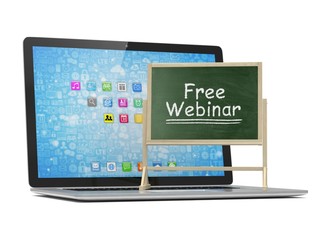 Laptop with chalkboard, free webinar, online education concept