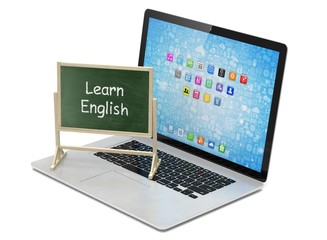  Laptop with chalkboard, learn english, online education concept