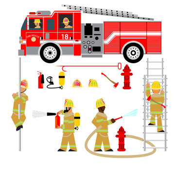 fire truck and fireman, fire brigade, team, attributes, sets fire brigade, rescue, vector graphics, wear yellow 2. EPS 8.