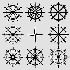 Vector rudder black and white flat icons set. Rudder wheel illus