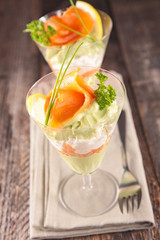 avocado mousse, cheese cream and smoked salmon
