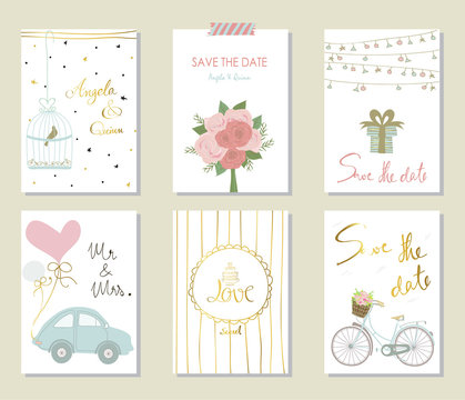 Light pink blue gold invitation card with bicycle and bouquet