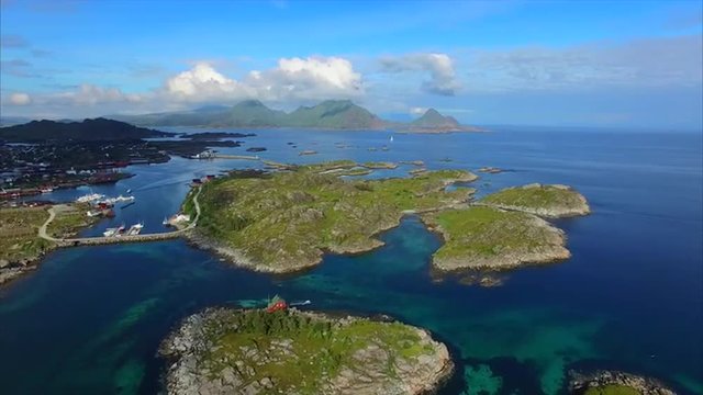 Aerial view of picturesque small islets near town of Ballstad on Lofoten islands in Norway. Aerial 4k Ultra HD.
