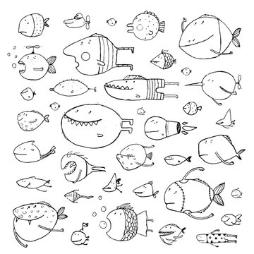 Cartoon Bizarre Fish Collection for Kids Hand Drawn Black Outline