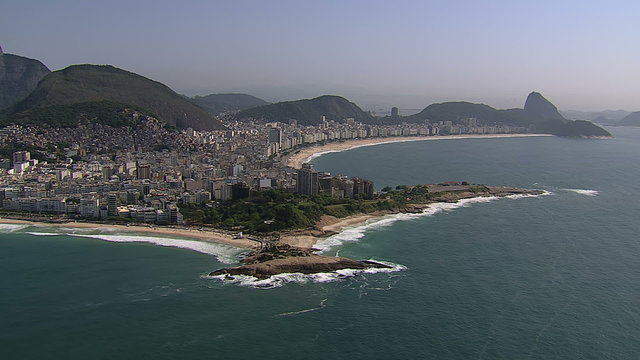 Flying above the ocean, view of Ipanema and Copacabana Beach, Rio de Janeiro, Brazil